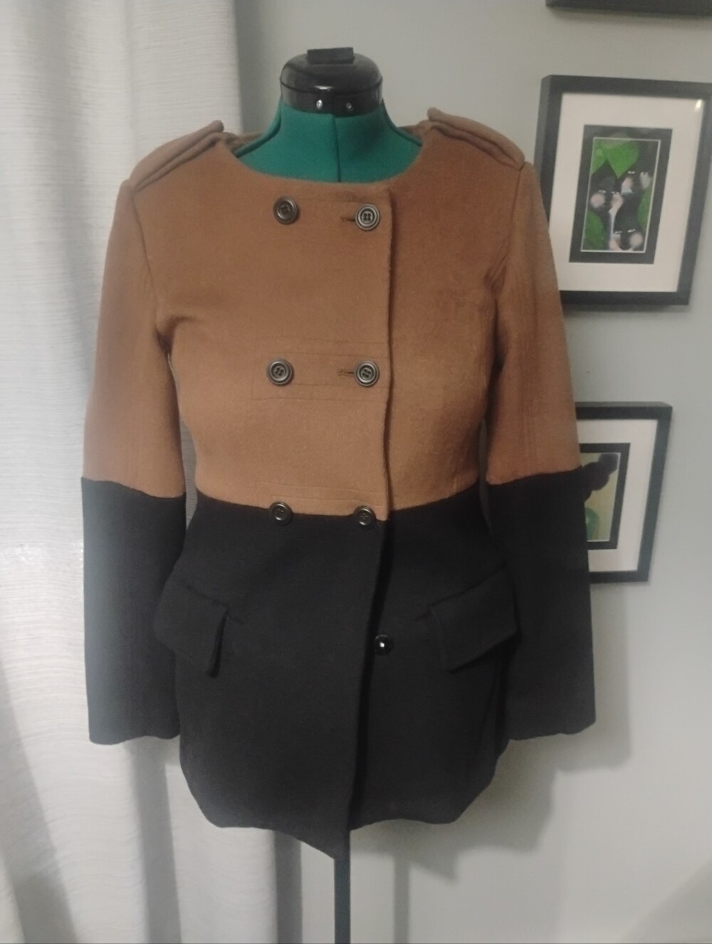 W118 by Walter Baker Two-Toned Tailored Car Coat in Camel & Black Sz S NWT